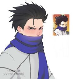 an anime character with black hair wearing a scarf