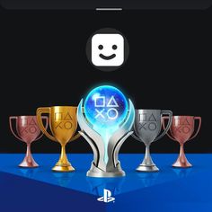 the playstation logo and trophies are displayed on a blue surface with an app icon above it