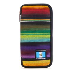 a multicolored striped wallet with the name etnotine on it and a black zipper