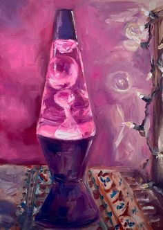 a painting of a purple vase on a table