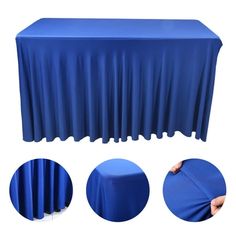 a blue table cloth with four different images showing it and how to fold the cover