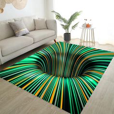 a living room with a white couch and green rug