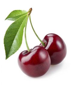 two cherries with green leaves on top of each one, against a white background