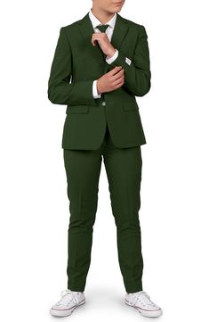 Formal style doesn't have to come at a bank-breaking price; OppoSuits pairs a classic jacket with trousers and a complementary tie in clean and glorious green. Jacket has two-button closure; notched lapels; nonfunctional three-button cuffs; chest pocket; front flap pockets; side vents Trousers have zip fly with button-tab closure; front slant pockets; back welt pockets Lined 100% polyester Machine wash, line dry Imported 8th Grade Formal Dresses For Teens Boys, Professional Fitted Solid Color Pantsuit, Uniform Tailored Suits For Workwear, Solid Color Tuxedo Suits For Workwear, Formal Fitted Uniform Sets, Classic Green Slim Fit Sets, Fitted Formal Uniform Suit, Fitted Solid Color Professional Suits, Professional Solid Color Single Button Suit