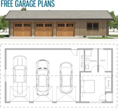 two car garage plans are shown with the floor plan below and above it is an image of