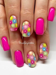 hot pink nails with colorful flowers Nail References, Nails July, Nails Hot Pink, Hot Pink Nail Polish, Coral Nails With Design, Nails Flowers, Barbie Nails, Royal Blue Nails, Neon Green Nails