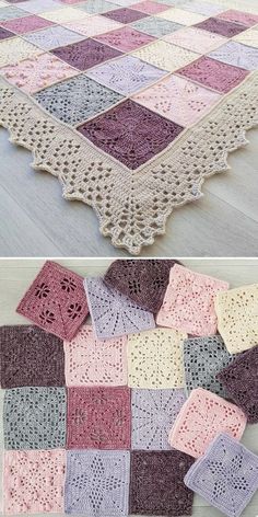 crocheted afghans with different colors and patterns are shown in two rows, one is