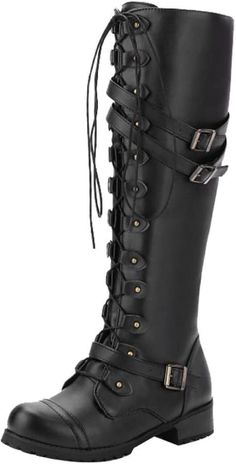 Retro Punk Knee-High Lace-Up Boots: These boots likely draw inspiration from a combination of retro and punk aesthetics. Features could include: Material: Leather, faux leather, or vegan leather with a slightly distressed finish. Height: Knee-high, covering most of the calf. Laces: Full lace-up design, perhaps with metal eyelets and thick, durable laces that go all the way up the front of the boot. Sole: Chunky or platform sole, with heavy tread for a rugged look, common in punk fashion. Colors: Military Combat Boots, Buy Boots, Leather Knee Boots, Punk Boots, Military Combat, Gothic Vintage, Lace Up Combat Boots, Retro Punk, Combat Boot