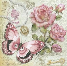 a pink rose and butterfly on an old fashioned background with pearls, beads, and jewels