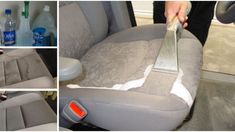 four pictures showing how to clean an upholstered car seat