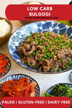 a plate with meat and vegetables on it next to other plates filled with rice, carrots and green beans