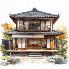 a painting of a japanese house with trees in the background