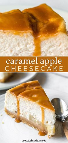 caramel apple cheesecake on a white plate