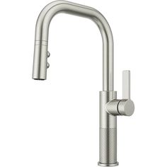 a stainless steel faucet with the handle extended to it's spout