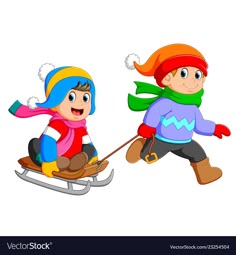 two kids are sledding down the hill on a white backgroung