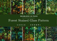 the forest stained glass pattern is shown in different colors and sizes, including green trees