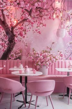 pink chairs and tables in front of a wall mural with cherry blossom trees on it