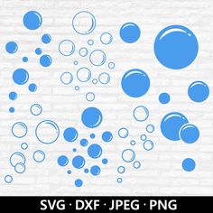 blue bubbles on white brick wall with text saying svg dxf jpeg png