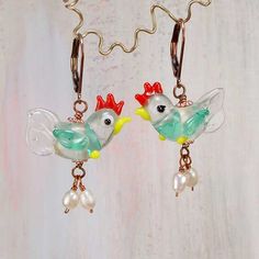 CHICKEN LITTLE - Hand Lampworked Glass Earrings with Pearl Eggs Chicken Little, Glass Earrings, Drop Earrings