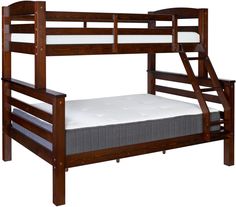 a wooden bunk bed with white mattress and no sheets on the bottom level, against a white background