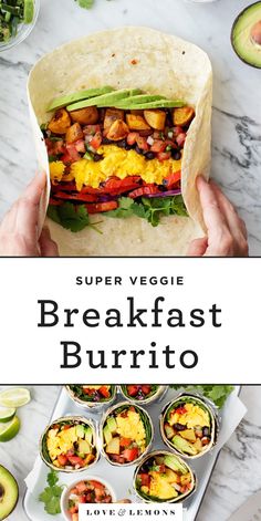 the breakfast burrito is ready to be eaten with avocado and other toppings