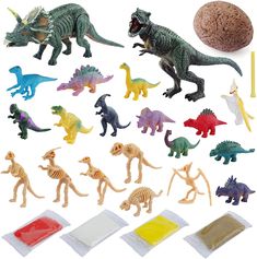 various toy dinosaurs and other toys on a white background