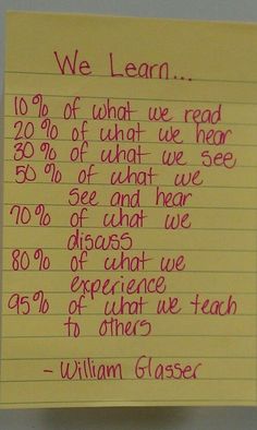 a piece of paper with writing on it that reads we learn 10 % off what we read 20 % off what we see 50 % off what we see