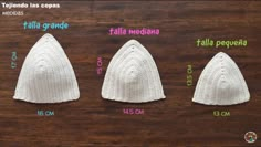 three crocheted hats are shown on a wooden surface with measurements for each one