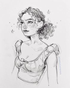 a black and white drawing of a woman with curly hair wearing a bra, looking to the side