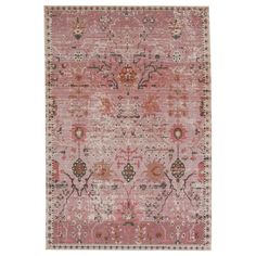 a pink rug with an ornate design on the front and back side, in various colors