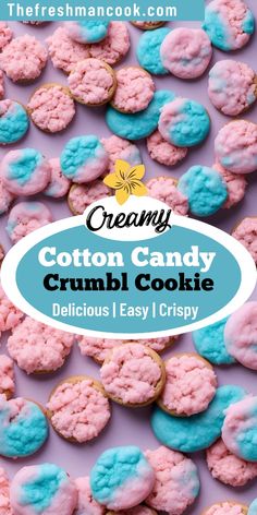 cotton candy crumbl cookie with blue and pink frosting on it, in front of