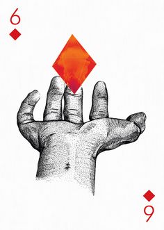 a hand holding an orange diamond on top of a white card with red diamonds in the middle