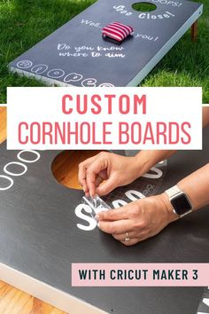 a woman is making a cornhole board with cricut maker