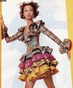 Colorful Fashion Runway, Multi Colored Clothes, Vivienne Westwood Plaid Dress, Colorful Runway Fashion, Ruffled Blouse Outfit, Skirts Runway, Ruffle Blouse Outfit, Runway Poses, Runway Skirts