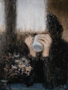 a painting of a person sitting in front of a window with their hands on his face