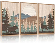 three wood panels with trees and mountains in the background, one has an image of a deer