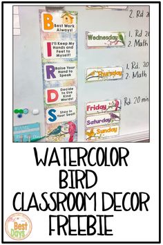 the watercolor bird classroom decor freebie is displayed in front of a whiteboard