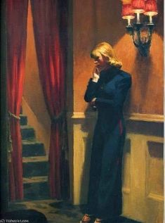 a painting of a woman leaning against a wall talking on a cell phone while standing in front of a red curtain