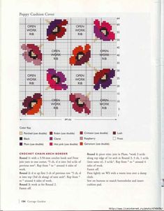 the cross stitch chart for crochet flowers is shown in red, purple and orange