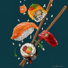 sushi with chopsticks flying through the air over rice and other food items