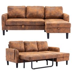 two different views of a couch and ottoman