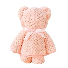 a crocheted teddy bear with a pink ribbon around it's neck and chest