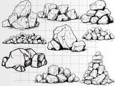 rocks and stones drawn in black ink on white paper with grids, set of four different