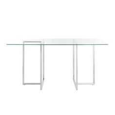 a glass table with metal legs on a white background