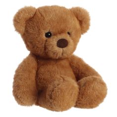 a brown teddy bear sitting up against a white background