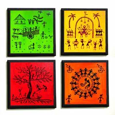 four different colored paintings on a wall with trees and people in the middle one is red, green, yellow, and orange