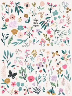 the floral clipart set includes flowers, leaves and other decorative elements in pastel colors