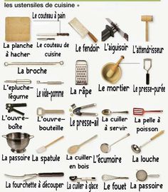 an image of kitchen utensils in french with words describing them and their uses