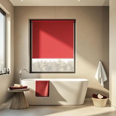 a bathroom with red shades on the window, and a bathtub in the corner