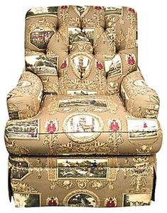 an upholstered chair with many pictures on it